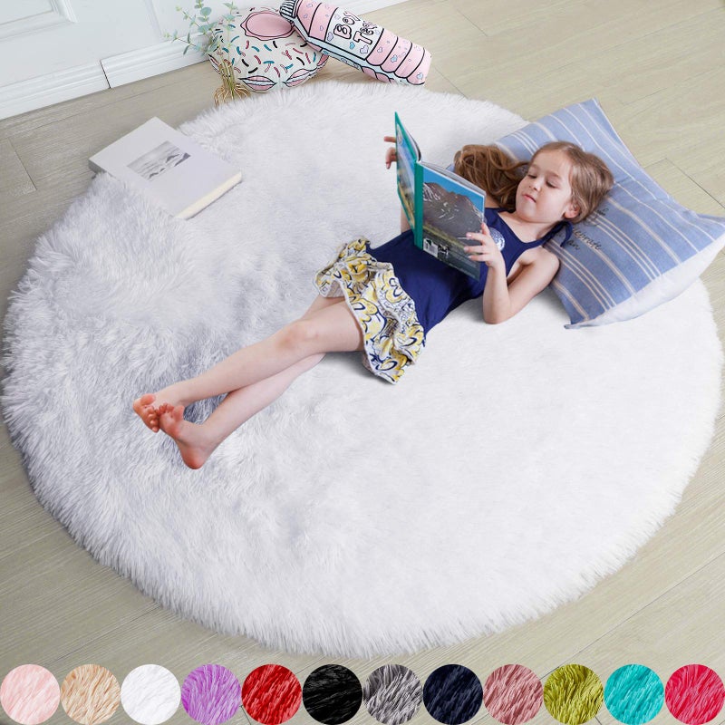 Amdrebio White Fluffy Round Rug 4Ft for Bedroom Aesthetic, Washable Fuzzy Fur Circle Area Rugs for Living Room, Plush Soft Shaggy Carpet for Nursery Dorm, Cute Kids Room Decor for Baby Teen Girls - Image 1